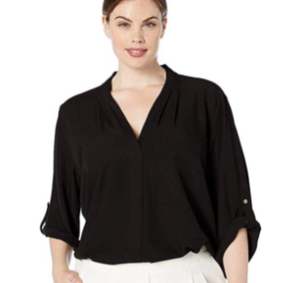 Calvin Klein Roll Up Sleeve V-neck Blouse - Picture 1 of 4